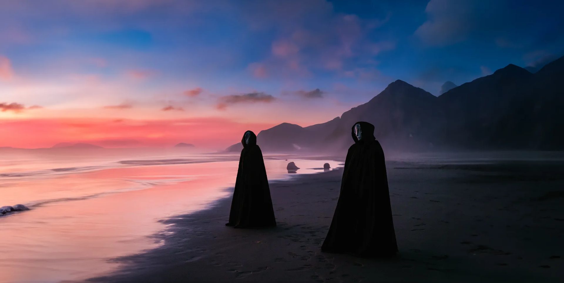 Two masked figures on a shore at dusk